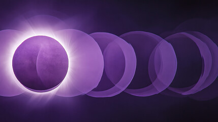 Wall Mural - Solar eclipse shown through glowing purple rings on dark background. Celestial phenomenon depicts moon passing across sun creating luminous circular and crescent outlines. Realistic 3d vector set.