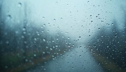 Aufkleber - Misty window with raindrops on a gloomy day. Water droplets on glass surface, blurred background. Blue, grey colors create calm and peaceful atmosphere, fresh moisture. Ideal for seasonal backgrounds.