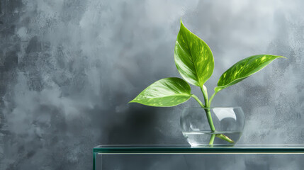 Poster - 3D square glass platform with green plant on grey wall background. Vector realistic illustration of transparent plastic podium for exhibition, organic product presentation, advertising stage mockup