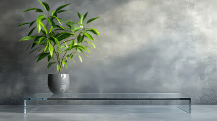Poster - 3D square glass platform with green plant on grey wall background. Vector realistic illustration of transparent plastic podium for exhibition, organic product presentation, advertising stage mockup