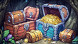© Ruhi - Treasure chests, game trunks, wooden boxes with iron, silver, gold and platinum forgery. Trophy, magic assets, level winners reward. Pirate loot, gui design elements, Cartoon vector illustration