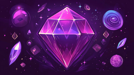 Poster - Purple background with glass morphism rhombus and abstract shape elements. Vector realistic illustration of presentation banner or poster backdrop with color lines, iridescent blobs, geometric figures