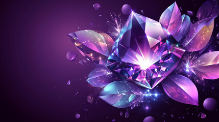 Poster - Purple background with glass morphism rhombus and abstract shape elements. Vector realistic illustration of presentation banner or poster backdrop with color lines, iridescent blobs, geometric figures