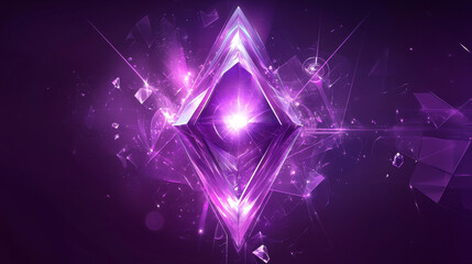Poster - Purple background with glass morphism rhombus and abstract shape elements. Vector realistic illustration of presentation banner or poster backdrop with color lines, iridescent blobs, geometric figures