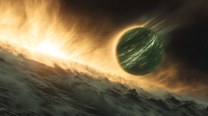 Wall Mural - green planet light glow eclipse in space horizon background. abstract earth flare realistic galaxy d
