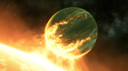Wall Mural - green planet light glow eclipse in space horizon background. abstract earth flare realistic galaxy d