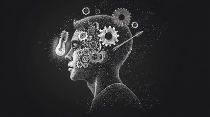 Poster - Abstract profile of a man's head with gears, lightbulb, and arrow, symbolizing ideas and innovation.