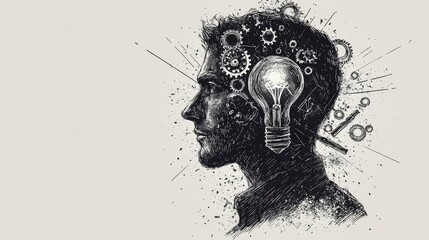 Poster - Man's profile with gears, lightbulb, and sketches inside his head, symbolizing ideas and innovation.
