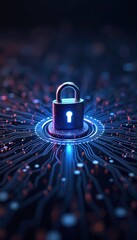 Fototapete - Cyber security concept with glowing padlock on futuristic background. Data protection, network safety. Digital security, encryption, data privacy. Internet safety, information security, web