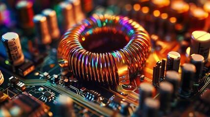 Poster - Closeup Vibrant Colorful Electronic Circuit Board Technology Abstract Background Detailed Image High Resolution Modern Technology Digital Art Graphic 