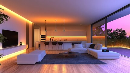 Poster - A high-tech smart home interior with automated lighting, voice control, and sleek modern furnishings.