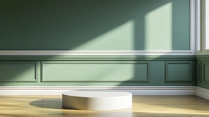 Aufkleber - Elegant Green Room Interior Design Mockup with White Pedestal Minimalist Style Modern Home Decoration Product Presentation Empty Space Background     