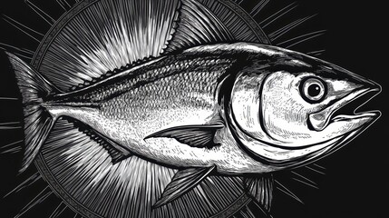 Poster - Monochrome illustration of a tuna fish with sunburst background.