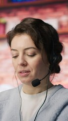 Poster - vertical video customer support employees listening to clients issues. teamworking call center agent