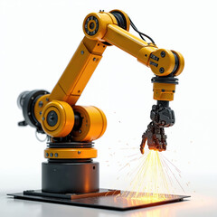 Aufkleber - Robotic arm welding, sparks isolated white background. Industrial robot assembly line, machine tech automation, manufacture control engineering. Modern industry device production.