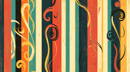 Poster - Retro seamless, pattern with color vertical stripes, lines and curl