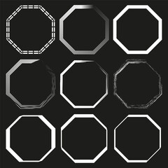 Leinwandbilder - Octagon frame set. White line collection. Vector geometric border. Black background contrast.