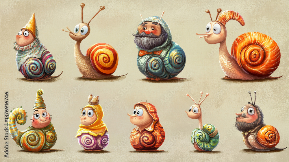 Cute ridiculous snail cartoon character set. Male and female young and ...