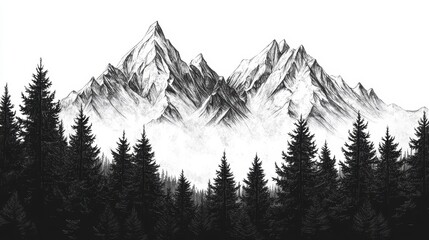Poster - Monochrome sketch of majestic mountains rising above a dark forest.