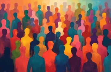 Poster - Abstract geometric illustration of diverse people in vibrant colors. Represents community, teamwork. Silhouettes crowd, men, women. Ideal for concepts like unity social, multiculturalism, modern