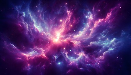 Wall Mural - Cosmic purple background featuring glowing nebula clouds, twinkling stars, and a deep space aesthetic.