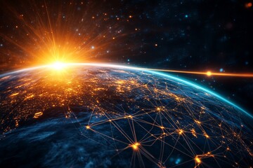 Poster - global network connections sunrise earth digital art stunning detailed high resolution futuristic te