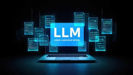 Fototapete - LLM, AI large language model concept, Big data, data transfer, generative ai, natural language generative and data mining. Businessman using laptop with large language model on virtual screen.