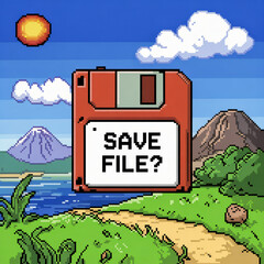 Fototapete - Pixel art icon of a floppy disk with the text 