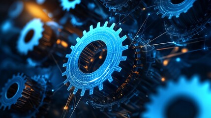 Poster - Abstract Blue Digital Gears Network Technology Background Modern Futuristic Interconnected System Digital Engineering Mechanical Innovation Complex Precise Intricate Detailed High Tech Science        