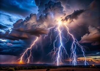 Poster - Dramatic Lightning Storm Bokeh Background - Night Sky Photography