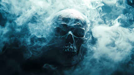 Wall Mural - a skull sits in shadowy light, enveloped in swirling smoke, creating a mysterious atmosphere filled 