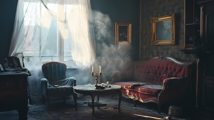 Wall Mural - abandoned vintage living room with cobwebs and antique furniture in eerie light. whispering relic. i