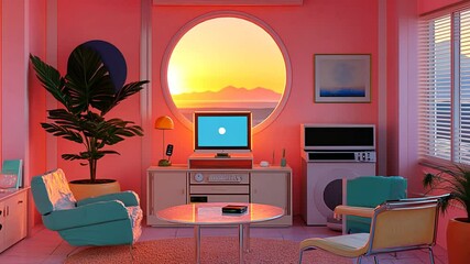 Poster - Vibrant Retro Interior With Sunset View and Modern Furnishings Generative AI