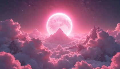 Fototapete - Cosmic landscape with pink planet in pink clouds. Pink, magenta color palette. Pink doll universe. Dreamlike outer space, fantasy illustration. Ideal for posters prints.