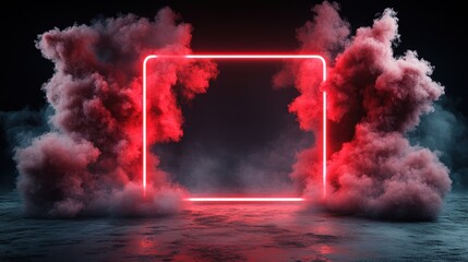 Poster - A Captivating Vibrant Red Neon Square Frame Illuminates the Smoky Atmosphere With Swirling Red Smoke Creating a Mysterious Otherworldly Ambiance