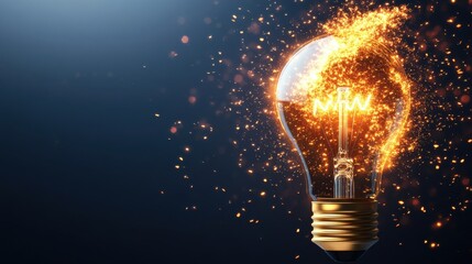Poster - A luminous glowing lightbulb featu the letters MW intricately inscribed inside, surrounded by enchanting sparkling embers on a dark blue background