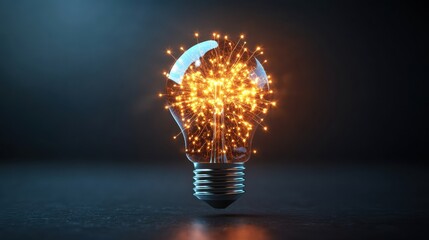 Poster - Glass light bulb levitates over dark surface bursting with golden sparks symbolizing innovation creativity bright idea inspiration breakthrough concept