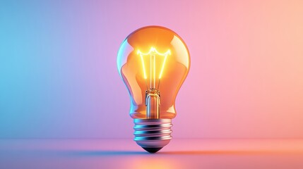 Poster - A glowing incandescent light bulb with a warm filament shines brightly against cool blue and warm pink gradient lighting creating a stunning visual effect