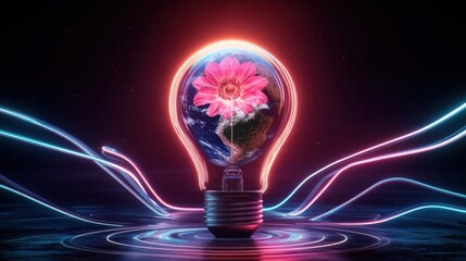 Poster - A Glowing Lightbulb with a Vibrant Pink Flower Blossoming Over Miniature Earth Surrounded by Swirling Neon Light Trails on Dark Reflective Surface