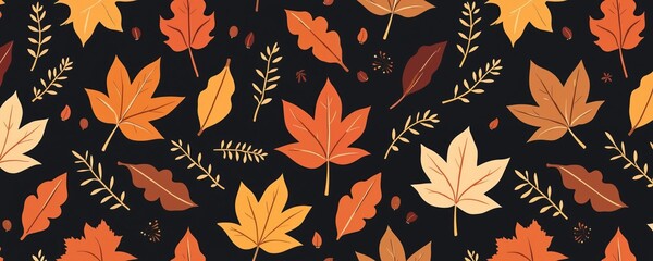 Poster - Seamless pattern autumn leaves various shades on black background. Flat design illustration of fall foliage with maple oak leaves. Creative repeat ornament wallpaper for decor, textile, wrapping