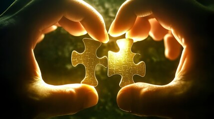 Poster - Two golden puzzle pieces held in hands forming a heart shape, glowing in the dark.