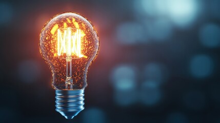 Poster - A luminous glowing lightbulb made of sparkling particles illuminating with brilliance against a beautifully blurred blue and dark background