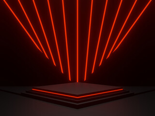 Wall Mural - 3d black podium background with red neon lights