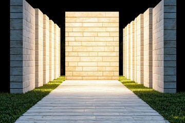 Poster - Modern Architectural Space with Stone Walls and Illuminated Pathway Leading to a Central Structure, Captured in Realistic Style