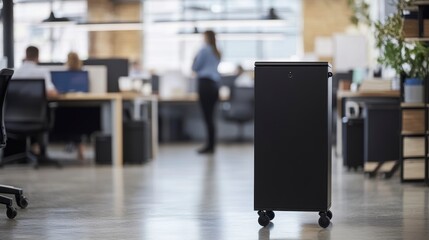 Poster - Black office recycling bin on wheels in a modern, busy office space.