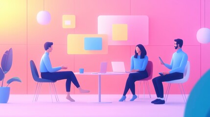 Aufkleber - Three colleagues collaborate around a table in a modern, pastel-colored office.