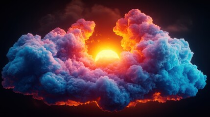 Poster - A Vibrant, Colorful Representation of an Orange Sun Emerging from a Whirlwind of Blue and Purple Clouds in a Dark Atmospheric Background