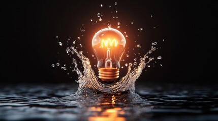 Poster - A radiant lightbulb breaks through dark water's surface, causing a vivid splash as it rises, illuminating the scene with its warm, glowing brilliance.