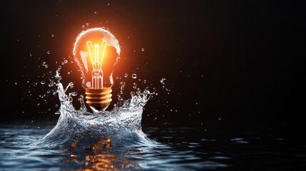 Poster - A glowing lightbulb breaks through a captivating splash of water, radiating brightness against the stark, dark background creating a stunning visual contrast