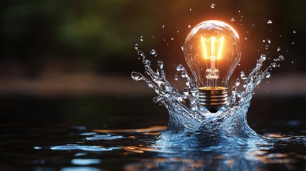 Poster - A glowing lightbulb creating a splash of water as it dramatically lands into a serene body of water, captu the moment of impact and brightness.